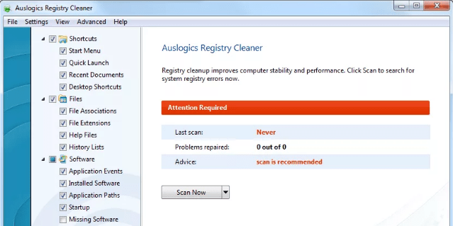 Основные функции Auslogics Registry Cleaner спрятаны в меню программы. Каждое меню имеет несколько подменю